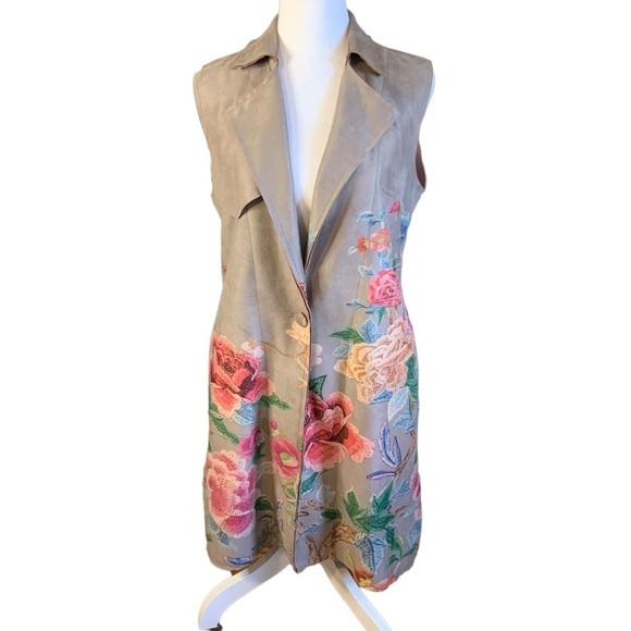 Anthropology Solitaire brown faux suede long line vest floral painted art New M - Picture 10 of 15